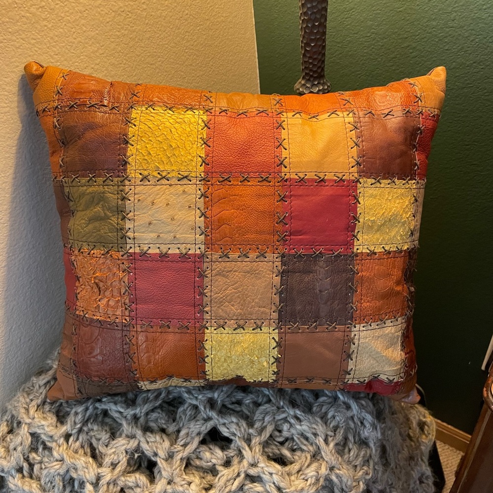 Vintage patch work leather pillow